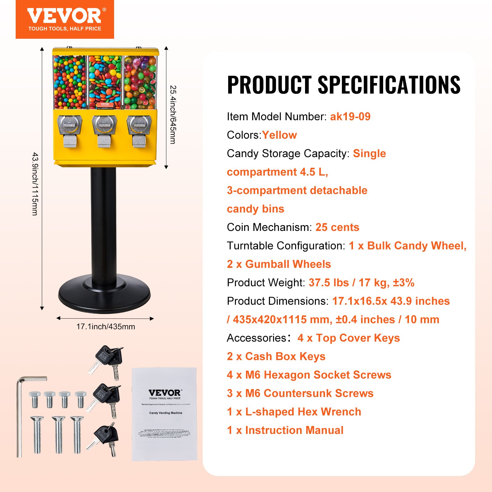 VEVOR Commercial Vending Machine, Triple Compartment Candy Dispenser with Iron Stand, Gumball and Candy Machine for Business, Coin Operated Gumball Bank for Toy Capsules Bouncy Balls Candy Nut, Yellow