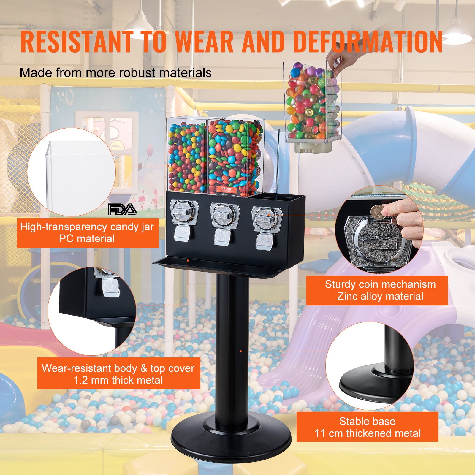 VEVOR Commercial Vending Machine, Triple Compartment Candy Dispenser with Iron Stand, Gumball and Candy Machine for Business, Coin Operated Gumball Bank for Toy Capsules Bouncy Balls Candy Nut, Black