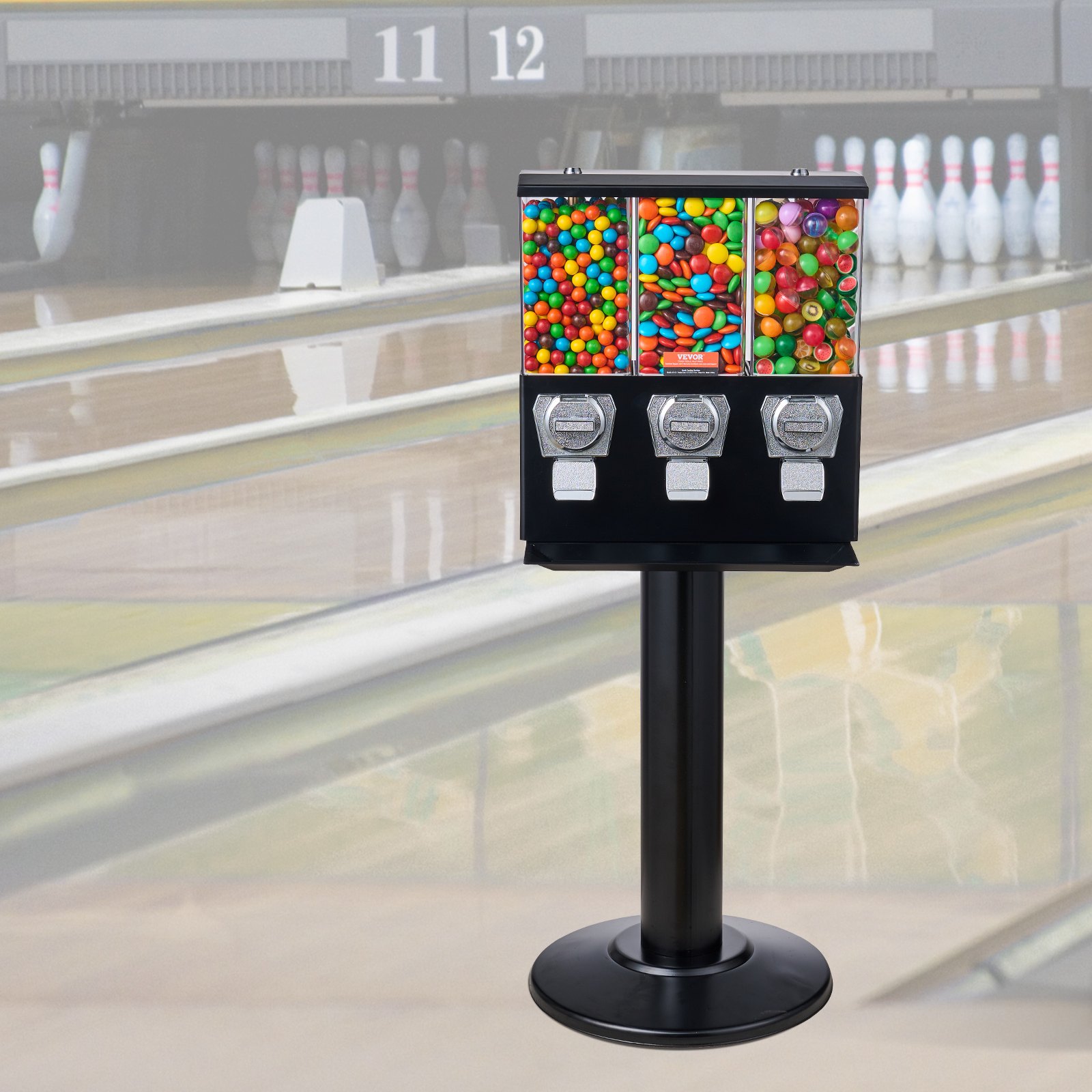 VEVOR Commercial Vending Machine, Triple Compartment Candy Dispenser with Iron Stand, Gumball and Candy Machine for Business, Coin Operated Gumball Bank for Toy Capsules Bouncy Balls Candy Nut, Black