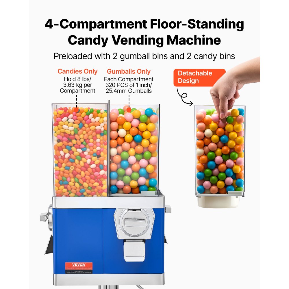 VEVOR Commercial Vending Machine, Four Compartment Rotatable Gumball and Candy Dispenser, Adjustable Height Coin Operated Candy Bank with Iron Stand, for Business Toy Capsules Bouncy Balls Nut, Blue