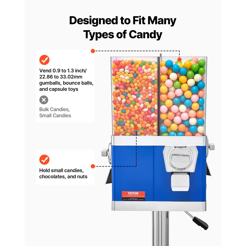 VEVOR Commercial Vending Machine, Four Compartment Rotatable Gumball and Candy Dispenser, Adjustable Height Coin Operated Candy Bank with Iron Stand, for Business Toy Capsules Bouncy Balls Nut, Blue