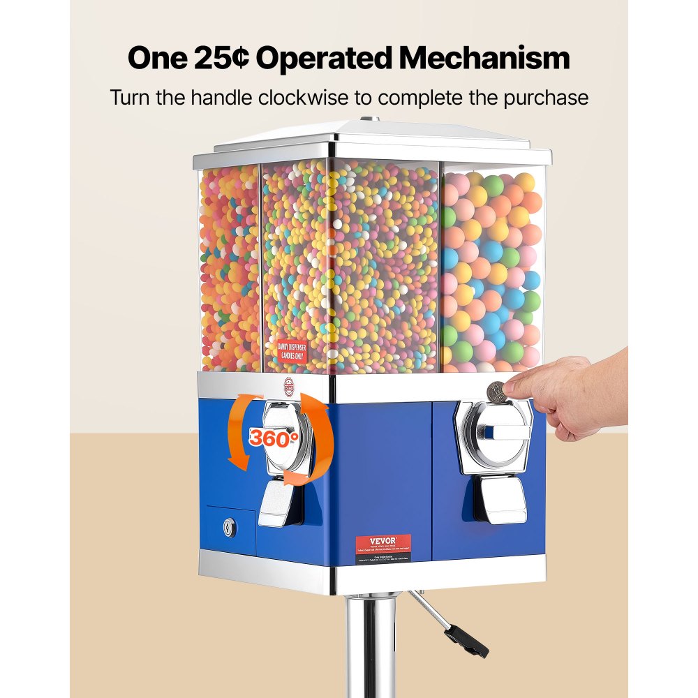 VEVOR Commercial Vending Machine, Four Compartment Rotatable Gumball and Candy Dispenser, Adjustable Height Coin Operated Candy Bank with Iron Stand, for Business Toy Capsules Bouncy Balls Nut, Blue