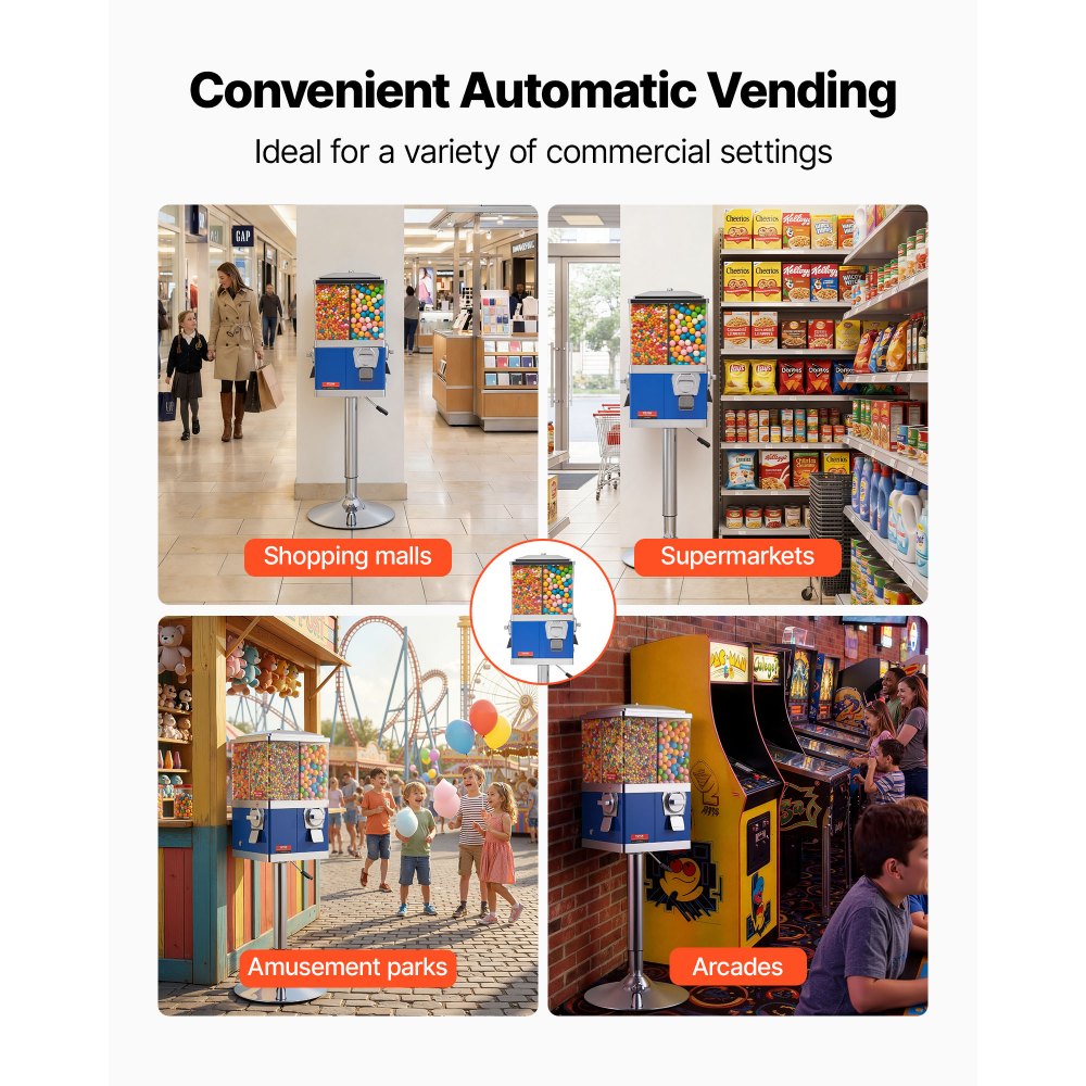 VEVOR Commercial Vending Machine, Four Compartment Rotatable Gumball and Candy Dispenser, Adjustable Height Coin Operated Candy Bank with Iron Stand, for Business Toy Capsules Bouncy Balls Nut, Blue