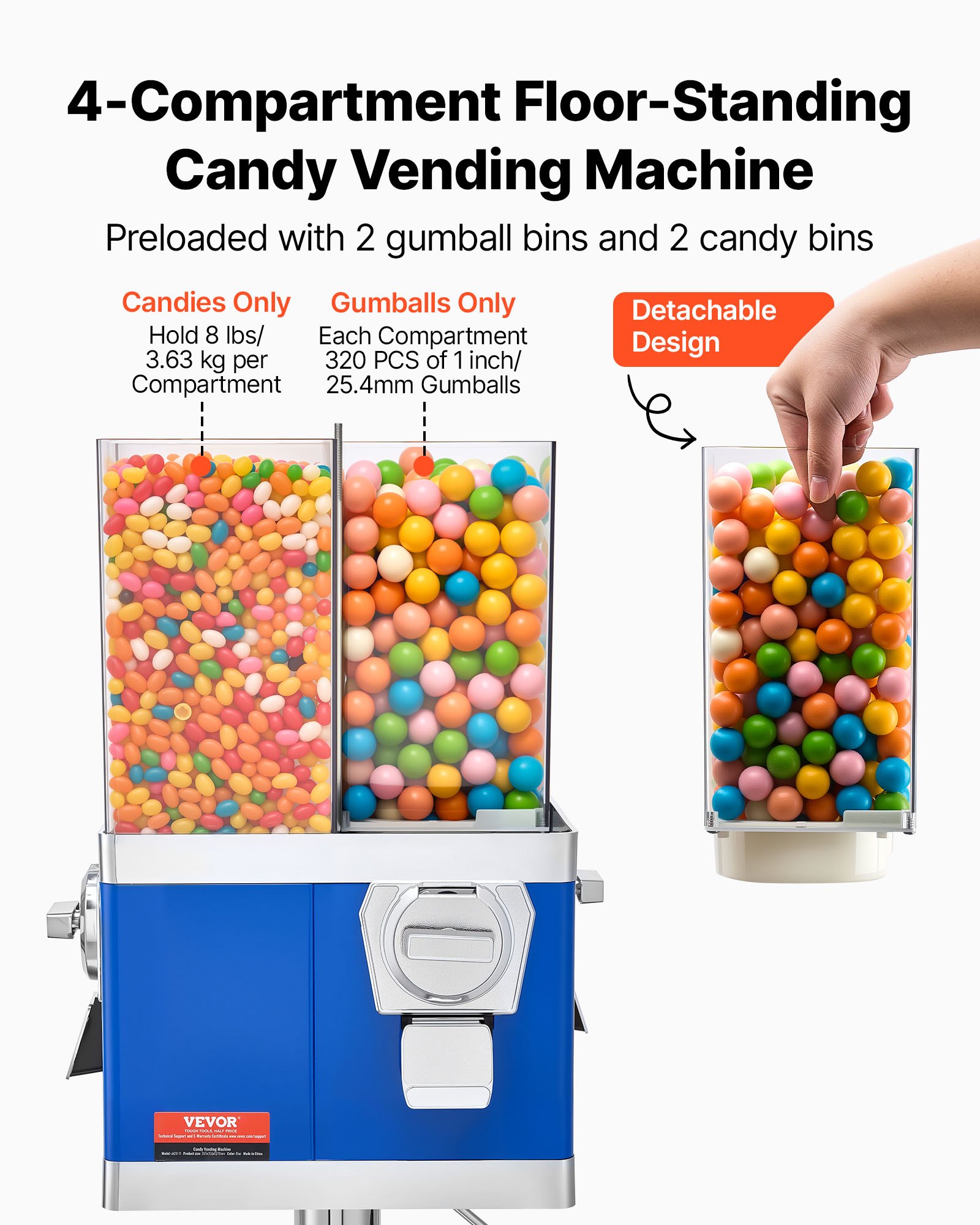 VEVOR Commercial Vending Machine, Four Compartment Rotatable Gumball and Candy Dispenser, Adjustable Height Coin Operated Candy Bank with Iron Stand, for Business Toy Capsules Bouncy Balls Nut, Blue