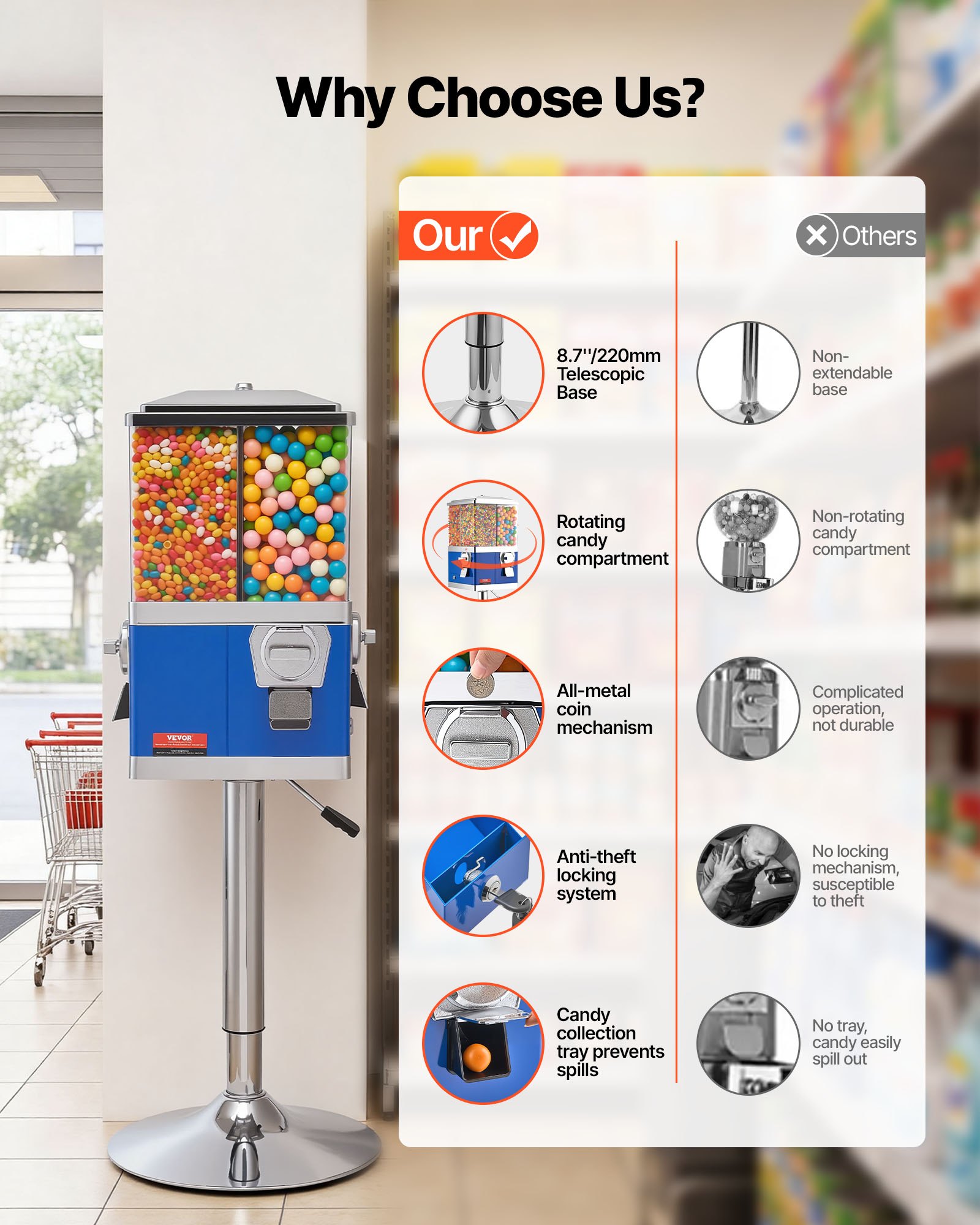 VEVOR Commercial Vending Machine, Four Compartment Rotatable Gumball and Candy Dispenser, Adjustable Height Coin Operated Candy Bank with Iron Stand, for Business Toy Capsules Bouncy Balls Nut, Blue