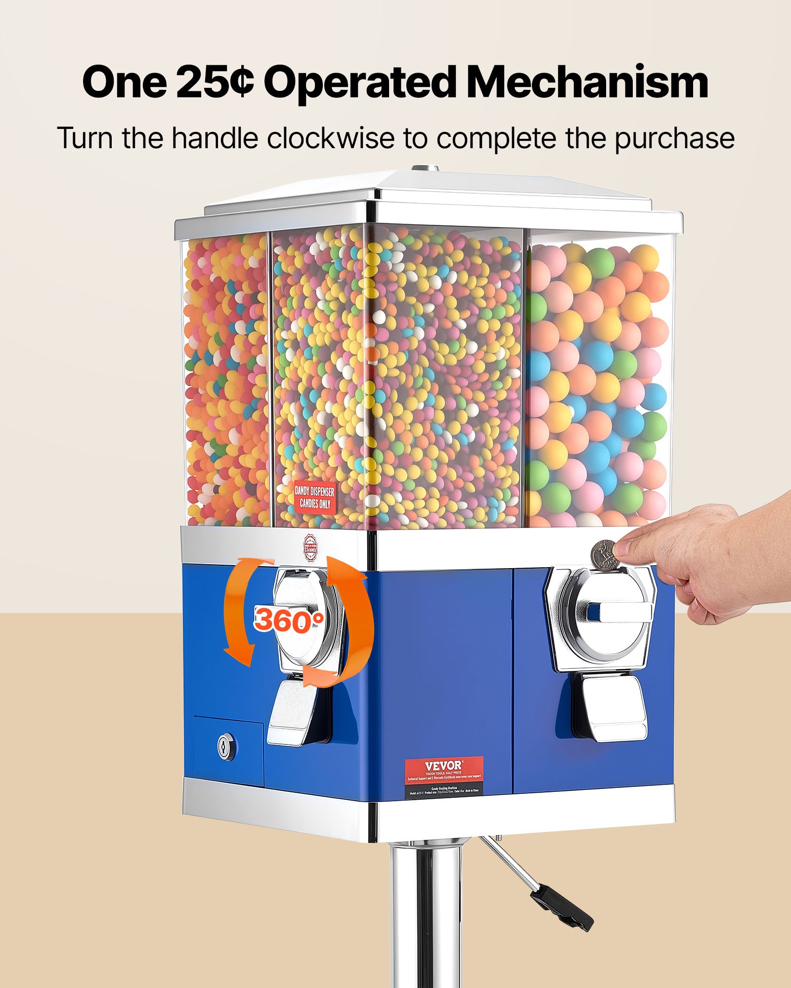 VEVOR Commercial Vending Machine, Four Compartment Rotatable Gumball and Candy Dispenser, Adjustable Height Coin Operated Candy Bank with Iron Stand, for Business Toy Capsules Bouncy Balls Nut, Blue