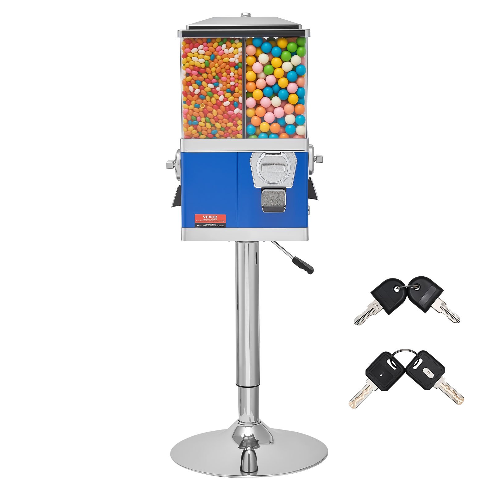 VEVOR Commercial Vending Machine, Four Compartment Rotatable Gumball and Candy Dispenser, Adjustable Height Coin Operated Candy Bank with Iron Stand, for Business Toy Capsules Bouncy Balls Nut, Blue