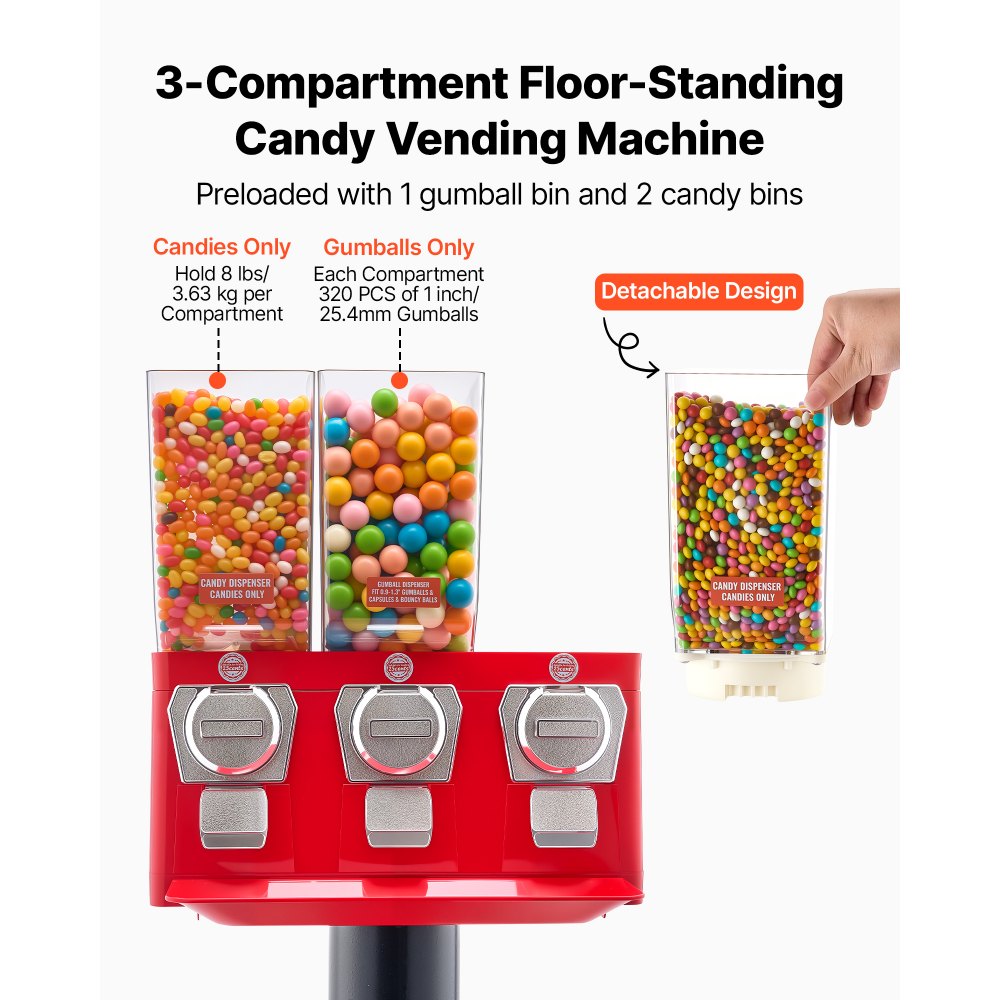 VEVOR Candy Vending Machine, Triple Compartment Candy Vending Machine with Stand, Gumball & Candies Vendings Machines with Built-In Cash Box, Detachable, Vintage Candies Dispenser for Shops, Arcades