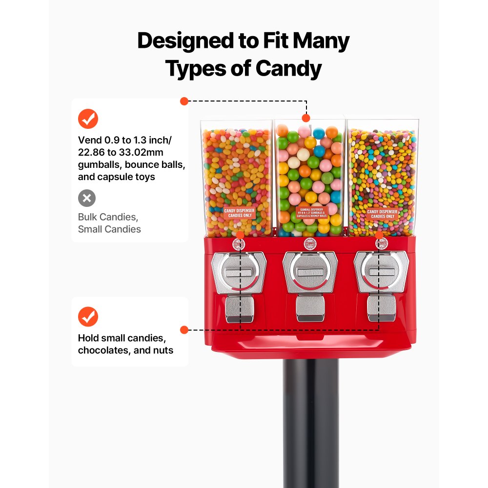 VEVOR Candy Vending Machine, Triple Compartment Candy Vending Machine with Stand, Gumball & Candies Vendings Machines with Built-In Cash Box, Detachable, Vintage Candies Dispenser for Shops, Arcades
