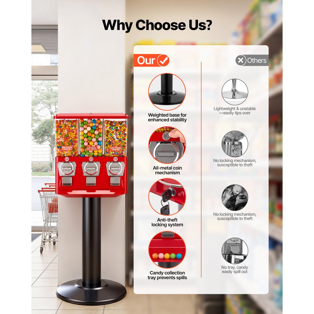 VEVOR Candy Vending Machine, Triple Compartment Candy Vending Machine with Stand, Gumball & Candies Vendings Machines with Built-In Cash Box, Detachable, Vintage Candies Dispenser for Shops, Arcades