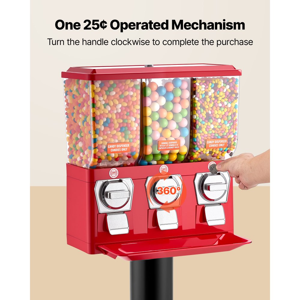 VEVOR Candy Vending Machine, Triple Compartment Candy Vending Machine with Stand, Gumball & Candies Vendings Machines with Built-In Cash Box, Detachable, Vintage Candies Dispenser for Shops, Arcades