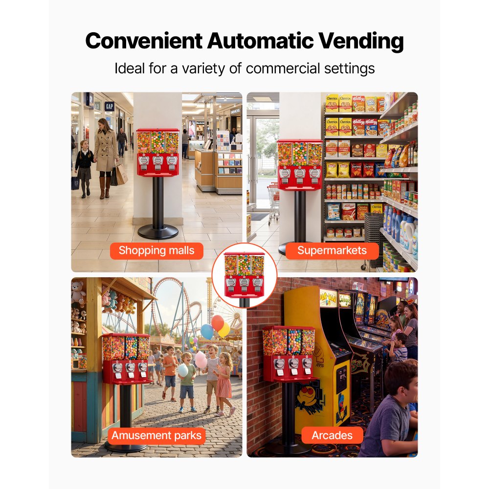 VEVOR Candy Vending Machine, Triple Compartment Candy Vending Machine with Stand, Gumball & Candies Vendings Machines with Built-In Cash Box, Detachable, Vintage Candies Dispenser for Shops, Arcades