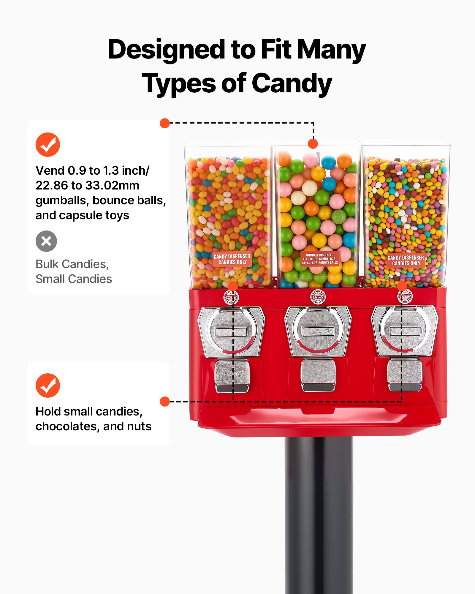VEVOR Candy Vending Machine, Triple Compartment Candy Vending Machine with Stand, Gumball & Candies Vendings Machines with Built-In Cash Box, Detachable, Vintage Candies Dispenser for Shops, Arcades