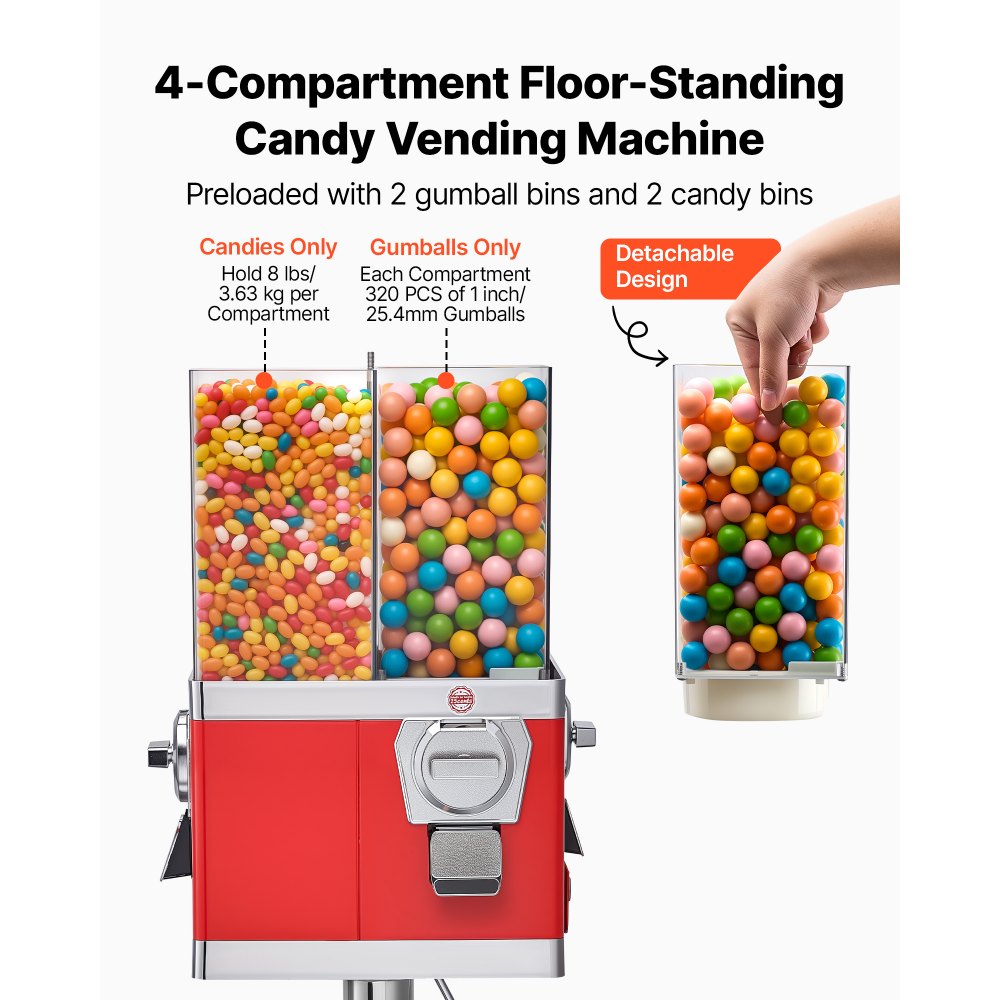 VEVOR Candy Vending Machine, Four Compartment Candy Vending Machine with Stand, Gumball & Candies Vendings Machines with Adjustable Height, Vintage Candies Dispenser for Shop, Arcade, Family Gathering