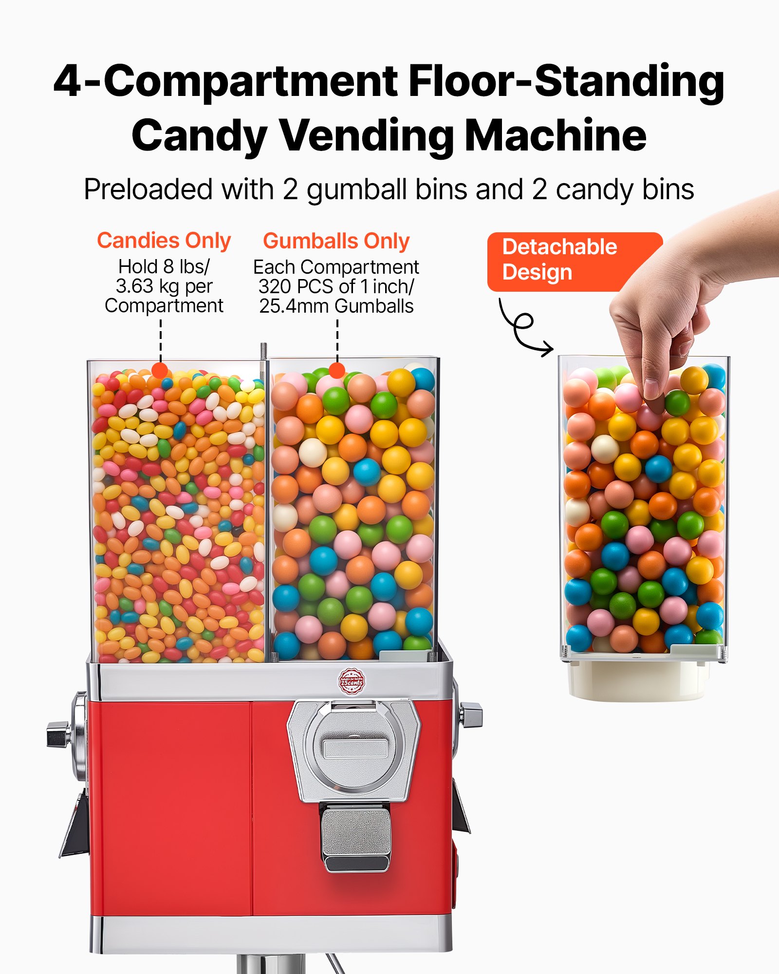 VEVOR Candy Vending Machine, Four Compartment Candy Vending Machine with Stand, Gumball & Candies Vendings Machines with Adjustable Height, Vintage Candies Dispenser for Shop, Arcade, Family Gathering