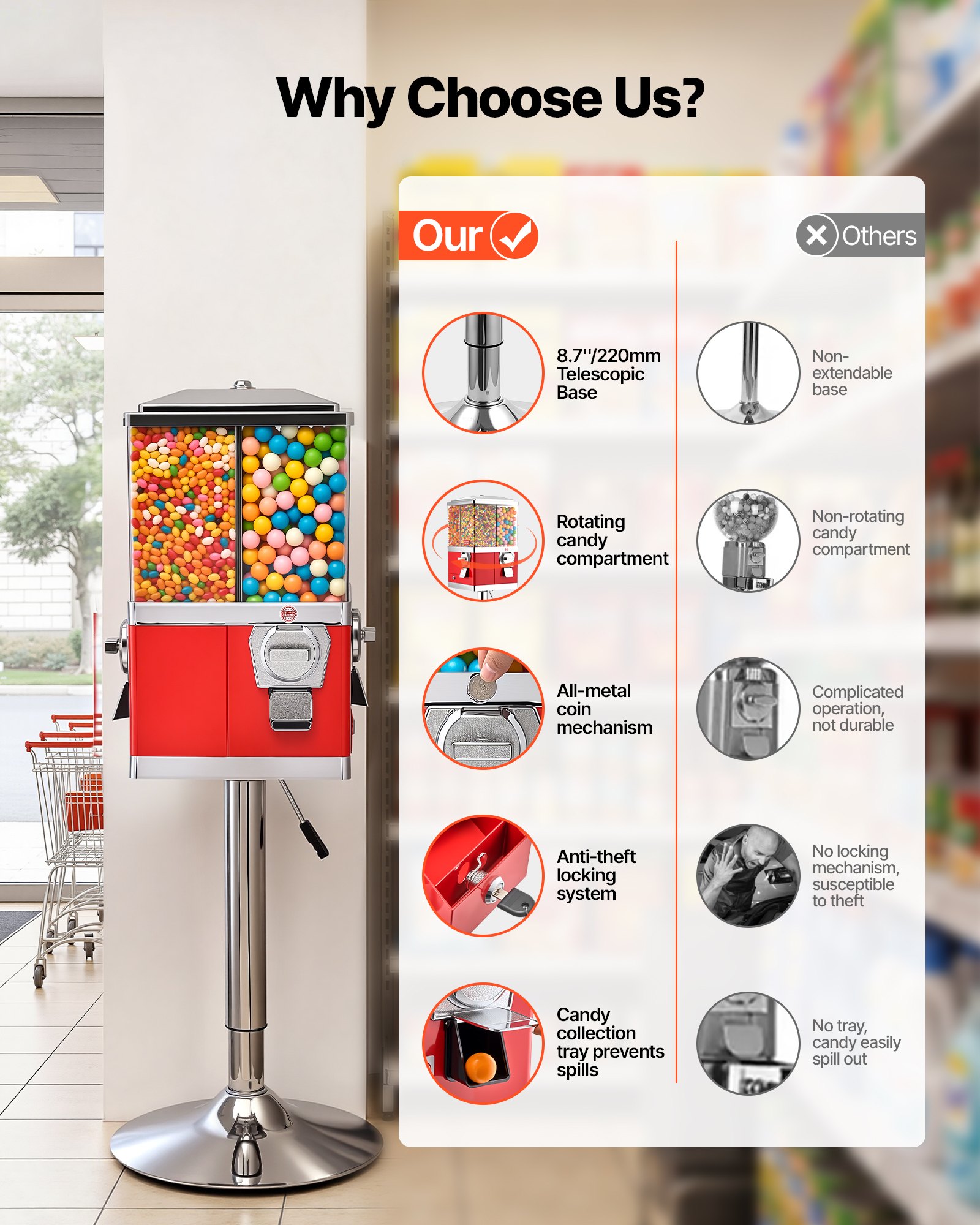 VEVOR Candy Vending Machine, Four Compartment Candy Vending Machine with Stand, Gumball & Candies Vendings Machines with Adjustable Height, Vintage Candies Dispenser for Shop, Arcade, Family Gathering