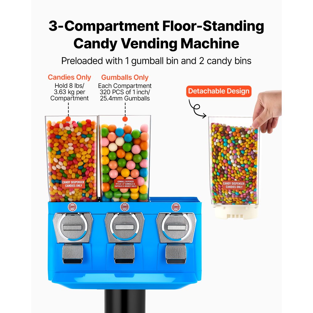 VEVOR Candy Vending Machine, Triple Compartment Candy Vending Machine with Stand, Gumball & Candies Vendings Machines with Built-In Cash Box, Detachable, Vintage Candies Dispenser for Shops, Arcades