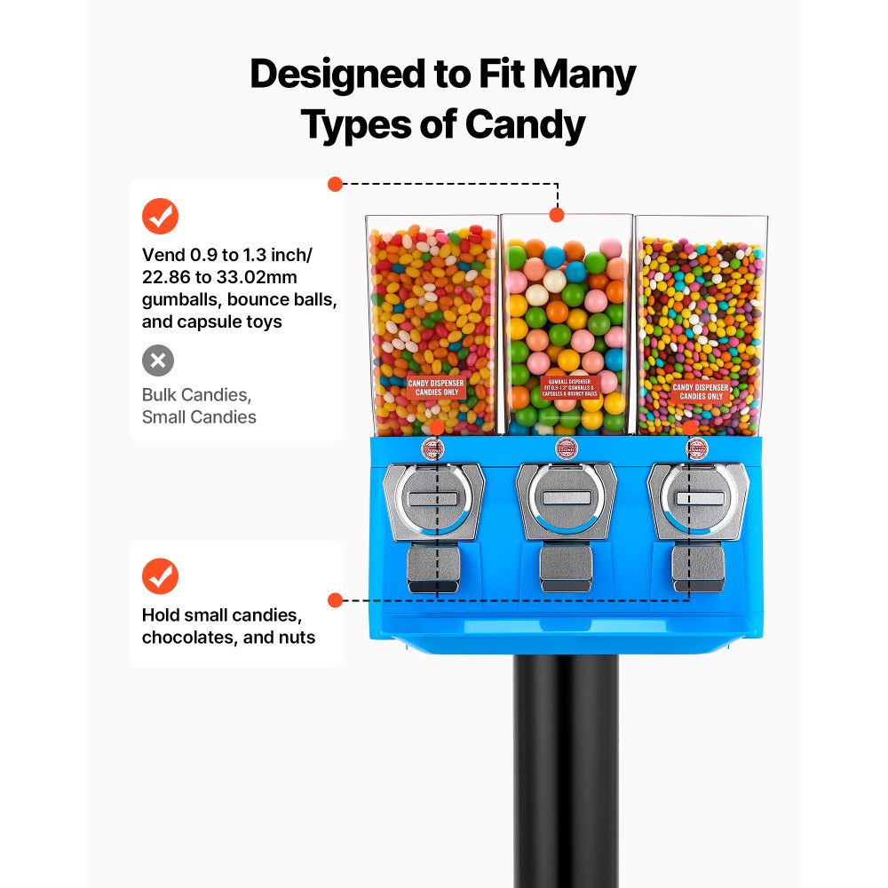 VEVOR Candy Vending Machine, Triple Compartment Candy Vending Machine with Stand, Gumball & Candies Vendings Machines with Built-In Cash Box, Detachable, Vintage Candies Dispenser for Shops, Arcades