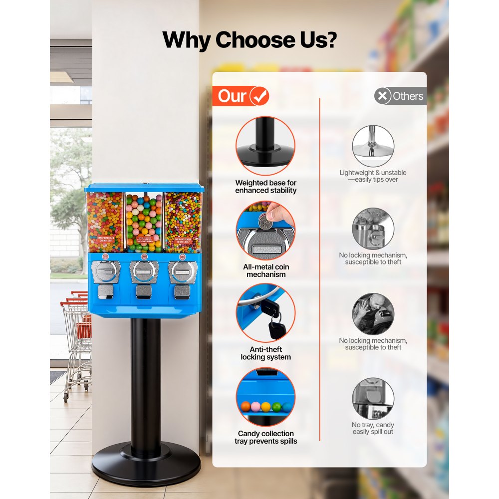 VEVOR Candy Vending Machine, Triple Compartment Candy Vending Machine with Stand, Gumball & Candies Vendings Machines with Built-In Cash Box, Detachable, Vintage Candies Dispenser for Shops, Arcades
