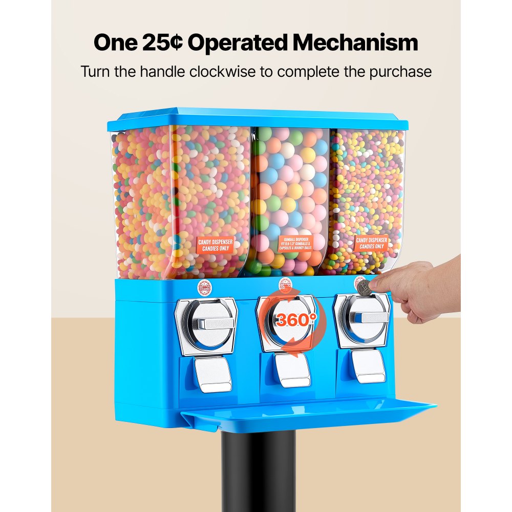 VEVOR Candy Vending Machine, Triple Compartment Candy Vending Machine with Stand, Gumball & Candies Vendings Machines with Built-In Cash Box, Detachable, Vintage Candies Dispenser for Shops, Arcades