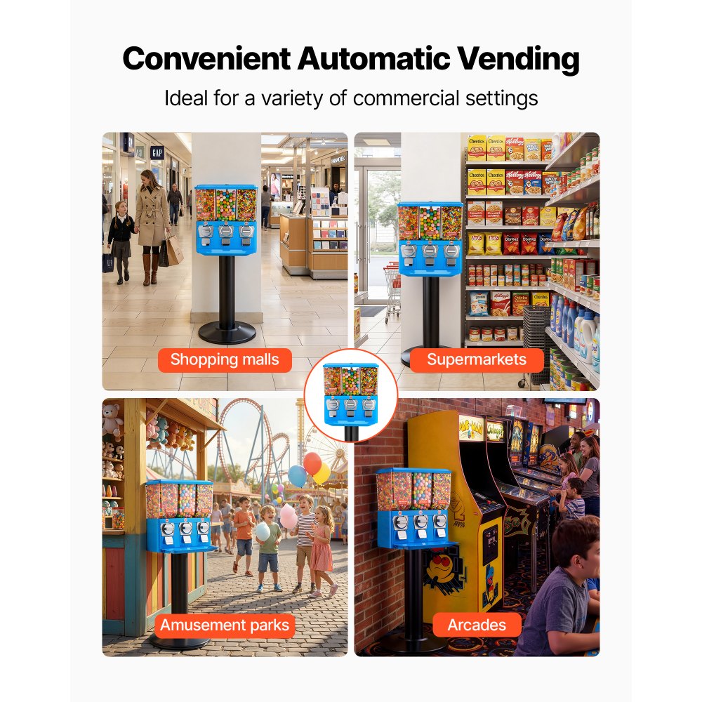 VEVOR Candy Vending Machine, Triple Compartment Candy Vending Machine with Stand, Gumball & Candies Vendings Machines with Built-In Cash Box, Detachable, Vintage Candies Dispenser for Shops, Arcades