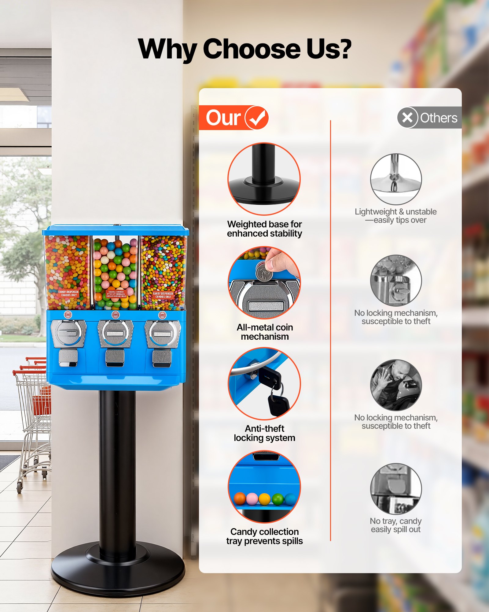 VEVOR Candy Vending Machine, Triple Compartment Candy Vending Machine with Stand, Gumball & Candies Vendings Machines with Built-In Cash Box, Detachable, Vintage Candies Dispenser for Shops, Arcades