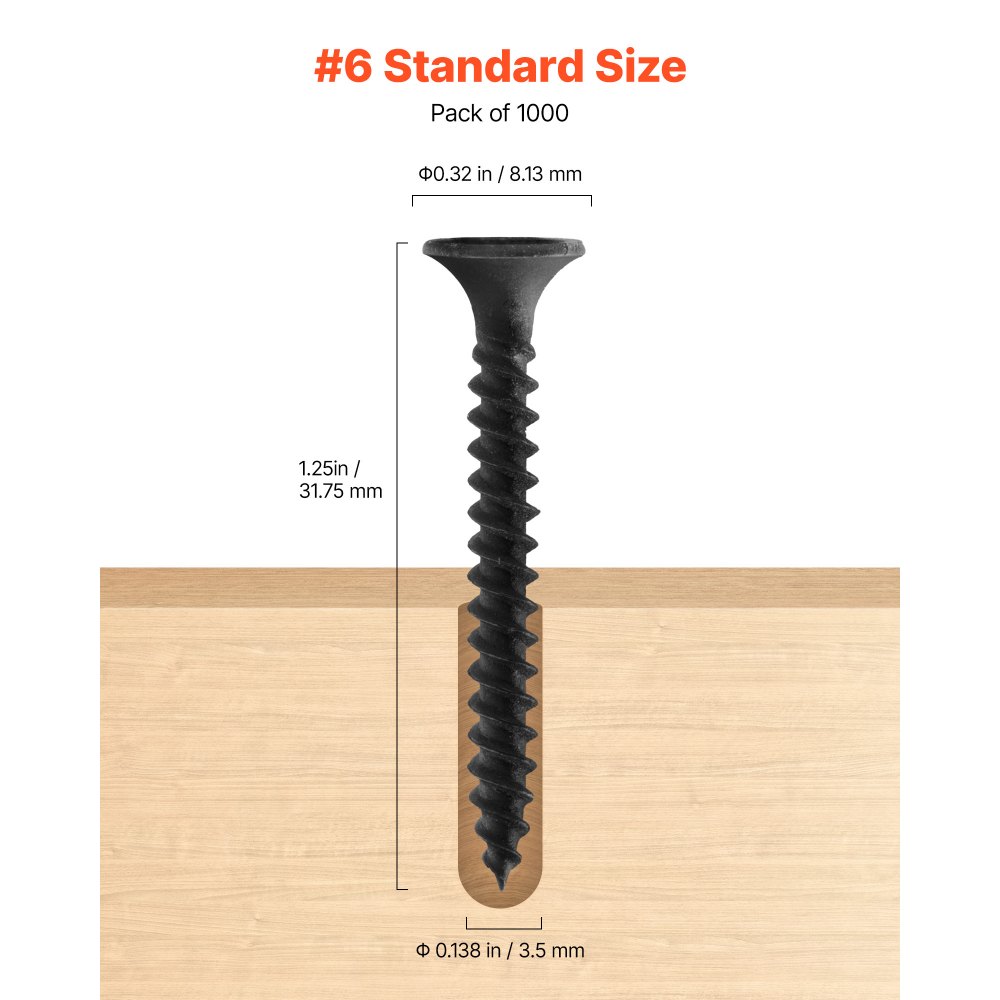 VEVOR Screws, #6 x 1-1/4 inch Length Drywall to Wood Collated Screw, All Purpose High-Hardness Alloy Steel Self Drilling Drywall Screws, for Home DIY, Space Renovation(1000 per Box)