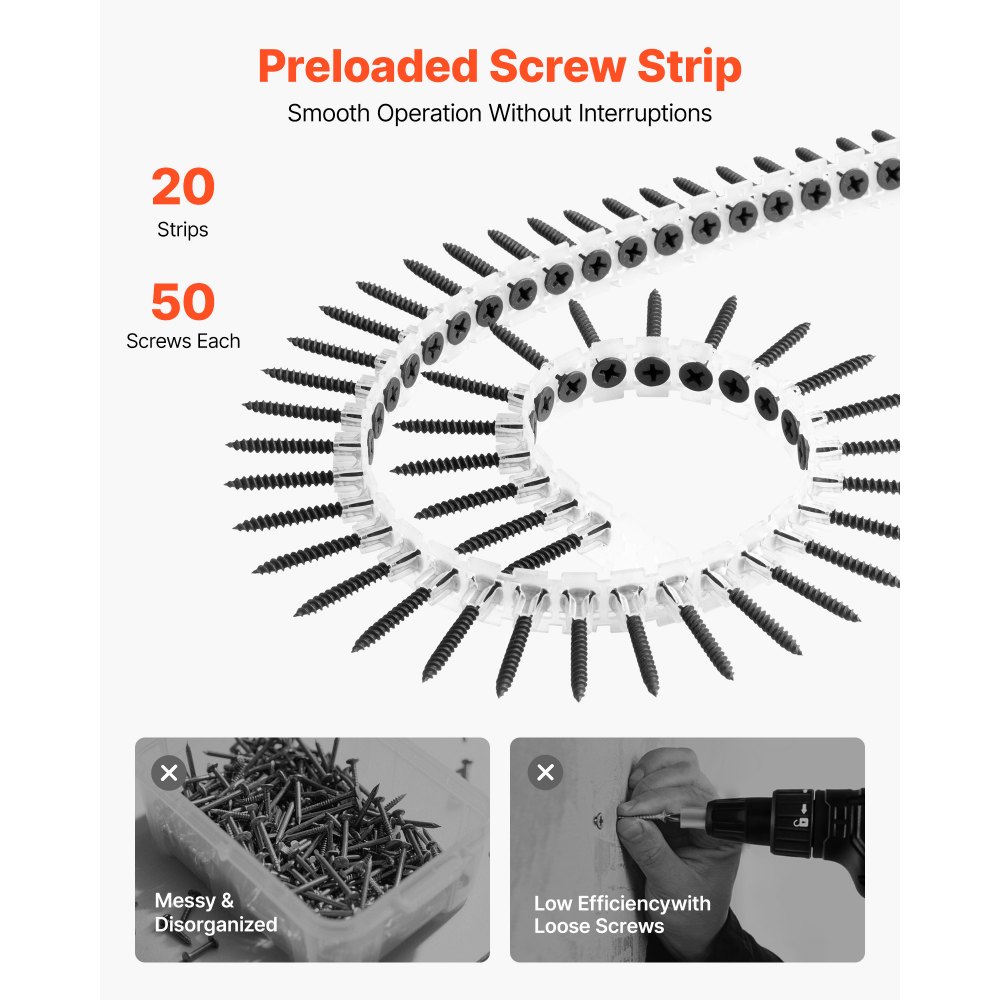 VEVOR Screws, #6 x 1-1/4 inch Length Drywall to Wood Collated Screw, All Purpose High-Hardness Alloy Steel Self Drilling Drywall Screws, for Home DIY, Space Renovation(1000 per Box)