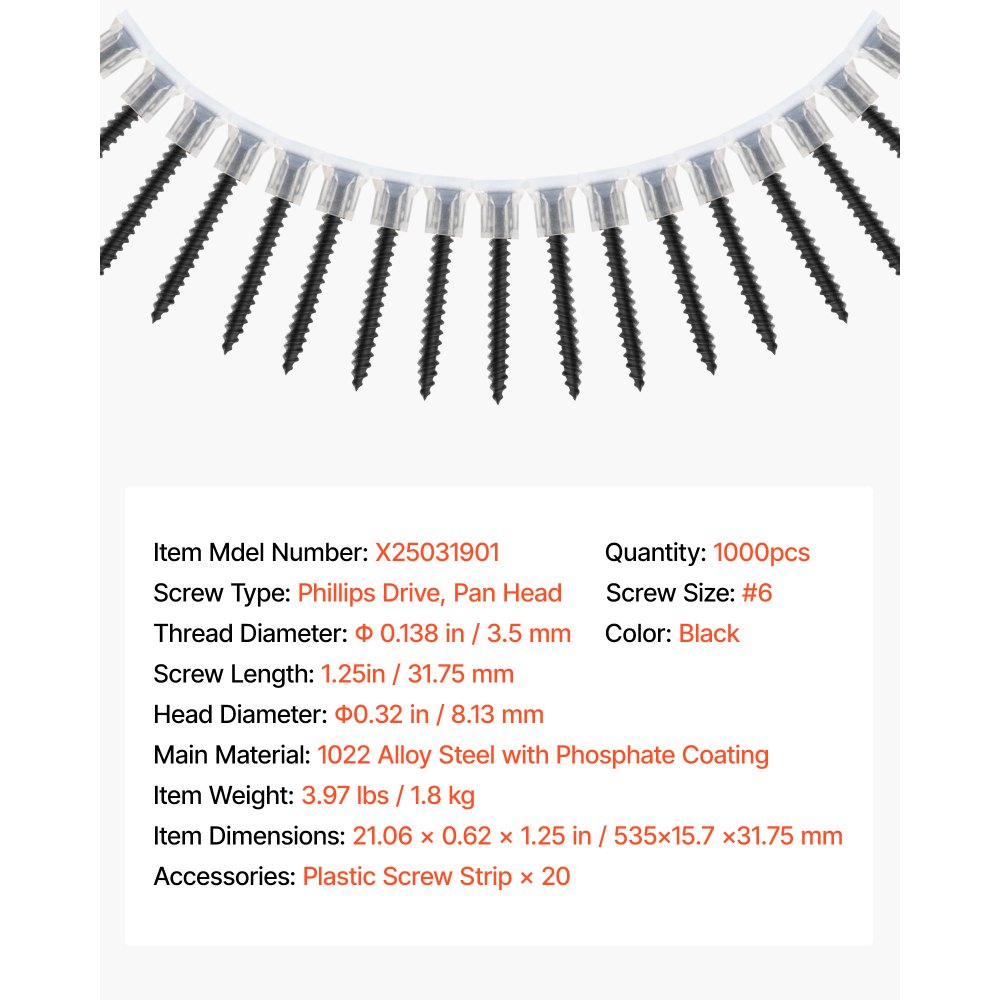 VEVOR Screws, #6 x 1-1/4 inch Length Drywall to Wood Collated Screw, All Purpose High-Hardness Alloy Steel Self Drilling Drywall Screws, for Home DIY, Space Renovation(1000 per Box)