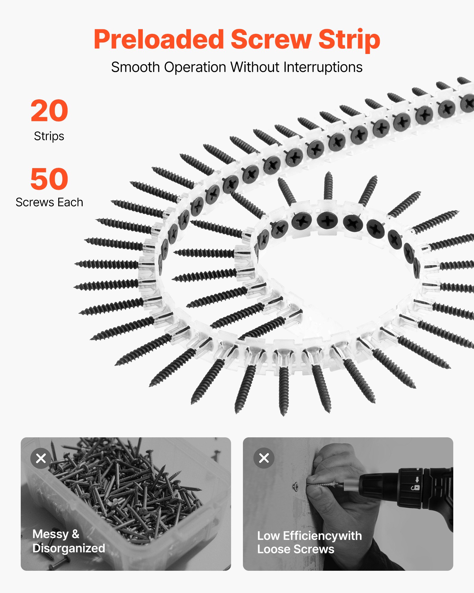 VEVOR Screws, #6 x 1-1/4 inch Length Drywall to Wood Collated Screw, All Purpose High-Hardness Alloy Steel Self Drilling Drywall Screws, for Home DIY, Space Renovation(1000 per Box)