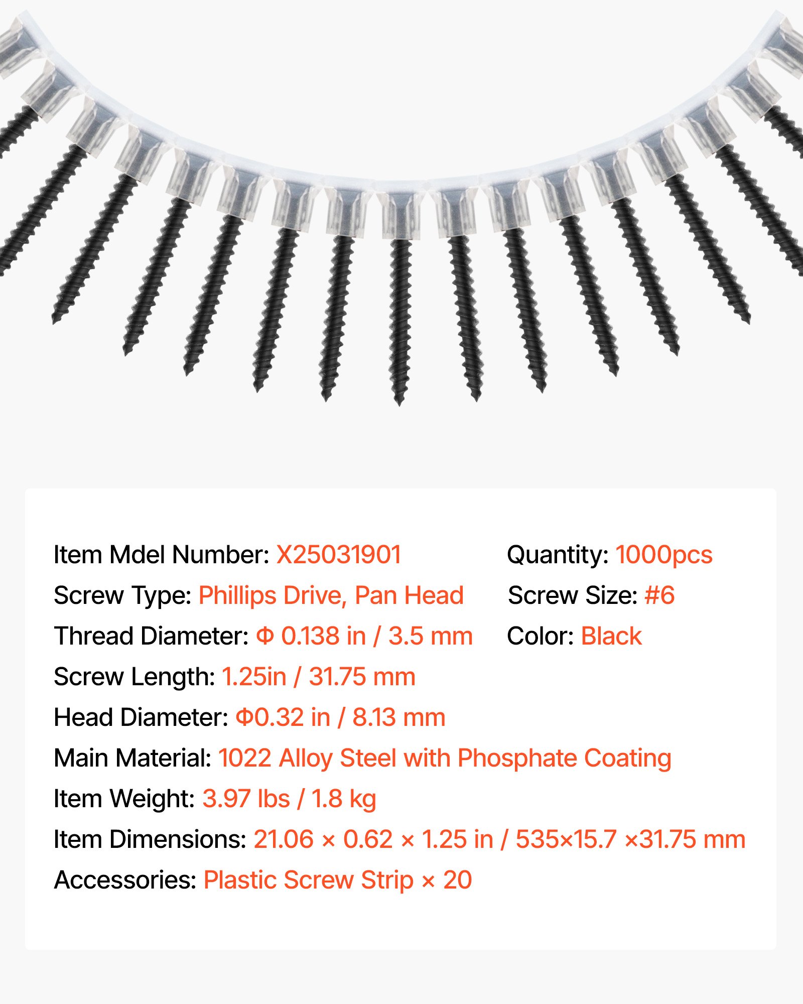 VEVOR Screws, #6 x 1-1/4 inch Length Drywall to Wood Collated Screw, All Purpose High-Hardness Alloy Steel Self Drilling Drywall Screws, for Home DIY, Space Renovation(1000 per Box)