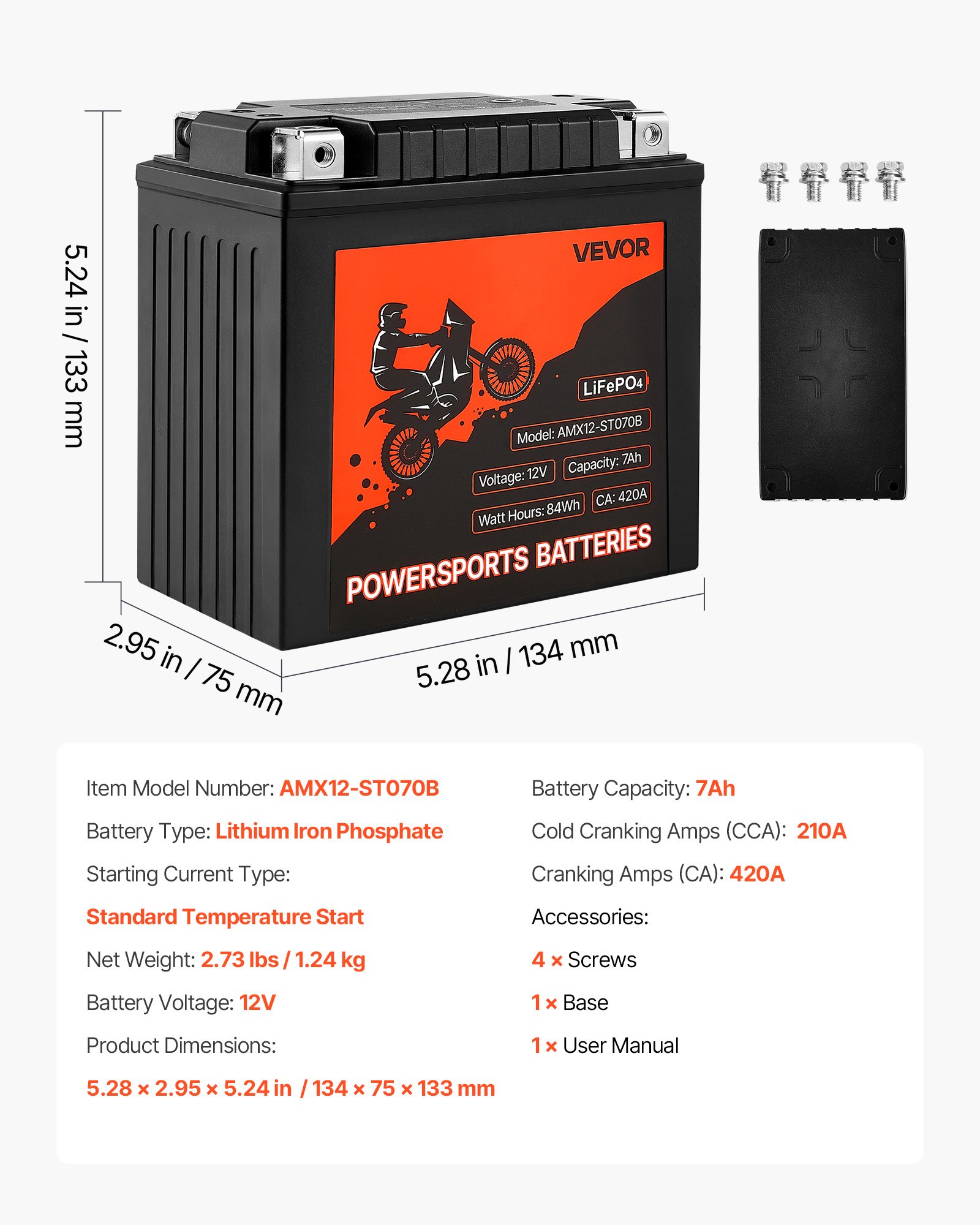 VEVOR Motorcycle Battery, 12 Volt 7Ah, LiFePO4 Lithium Pre-Charged Powersports Battery, Maintenance Free & High Performance, Compatible with ATV, Motorcycle, Jet Skis, Scooter, UTV, and More