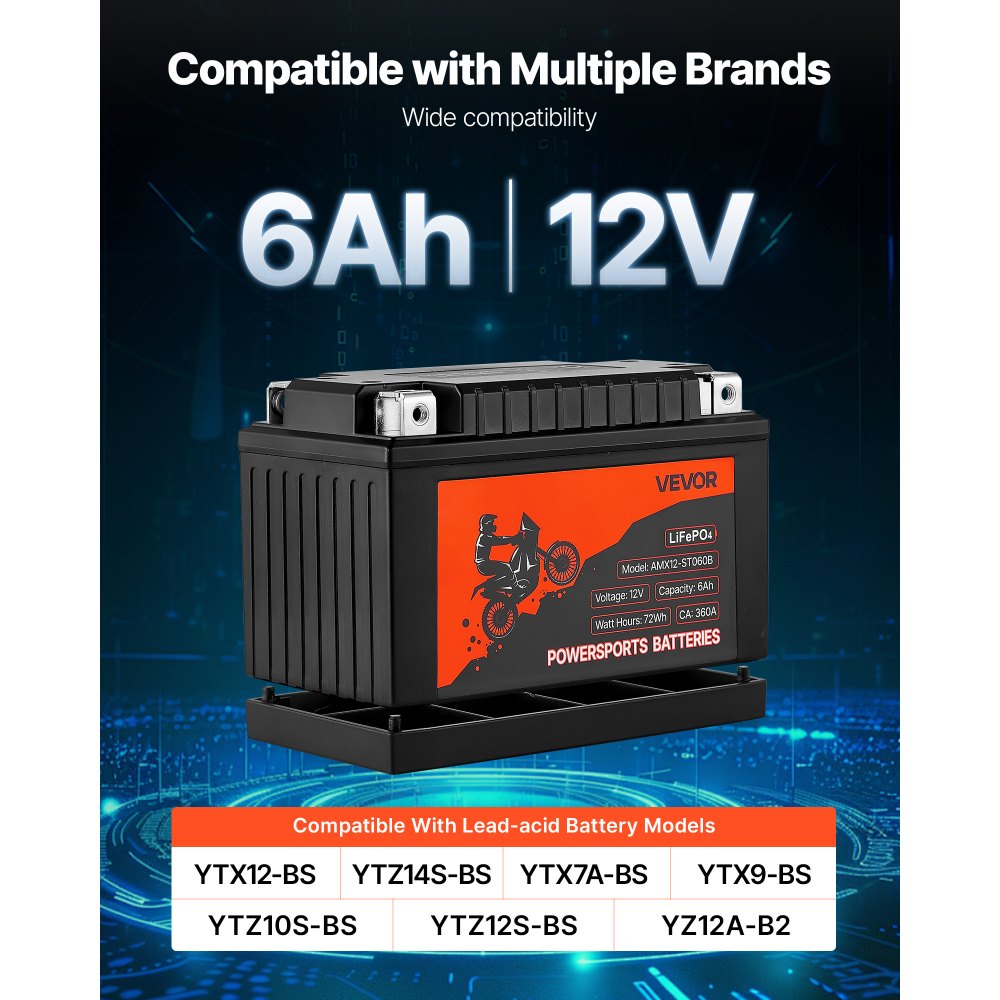 VEVOR Motorcycle Battery, 12 Volt 6Ah, LiFePO4 Lithium Pre-Charged Powersports Battery, Maintenance Free & High Performance, Compatible with ATV, Motorcycle, Jet Skis, Scooter, UTV, and More