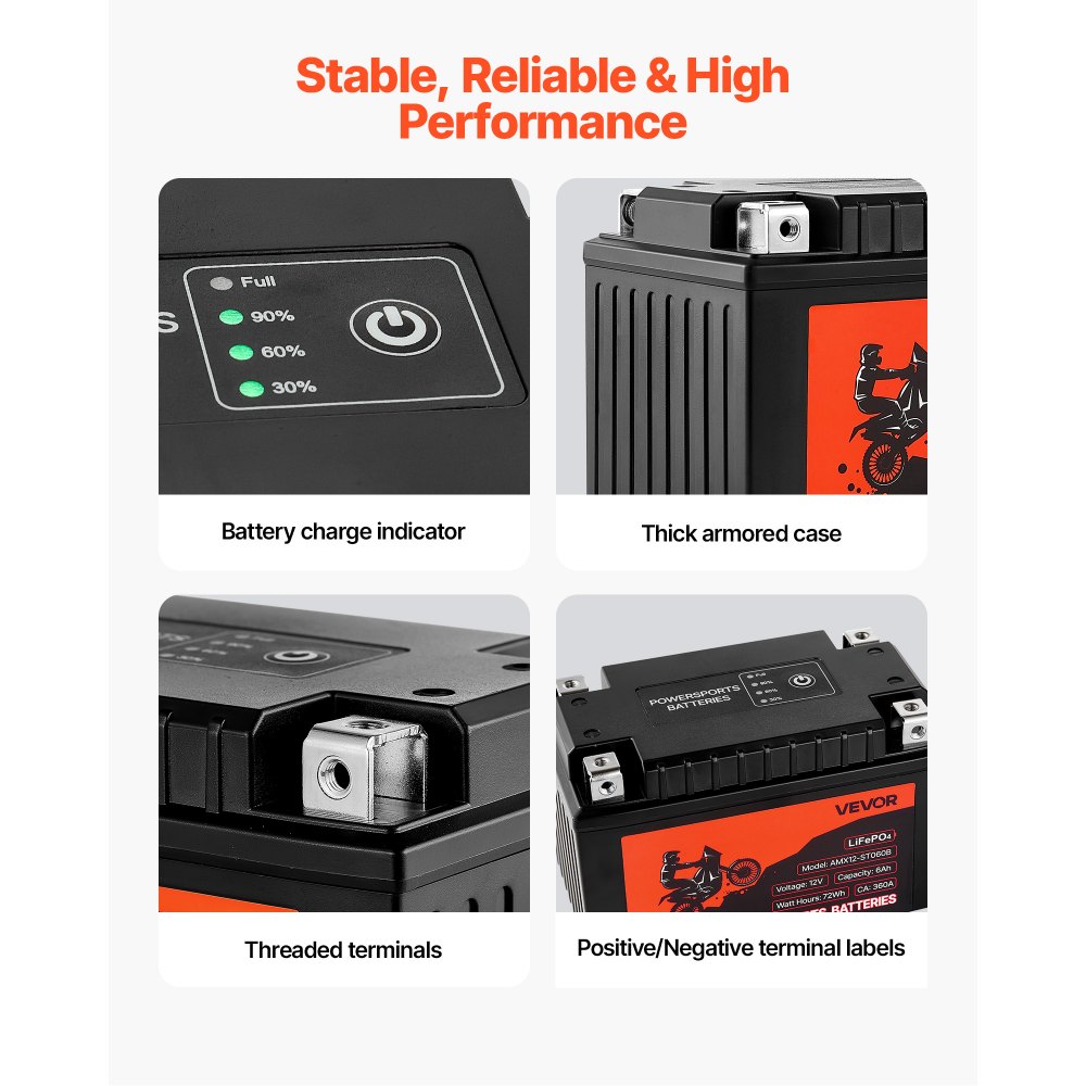 VEVOR Motorcycle Battery, 12 Volt 6Ah, LiFePO4 Lithium Pre-Charged Powersports Battery, Maintenance Free & High Performance, Compatible with ATV, Motorcycle, Jet Skis, Scooter, UTV, and More
