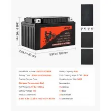 VEVOR Motorcycle Battery 12V 6Ah YTX12-BS High Performance Powersports Battery