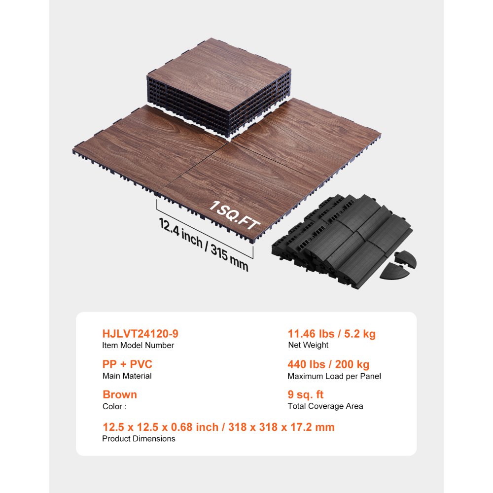 VEVOR Dance Floor Tiles, 12.4 x 12.4 in 9 Piece Interlocking Dance Flooring, Portable Dance Practice Floor with Cushioned Base  (Oak Wood Grain, 9 sq. ft/Box )