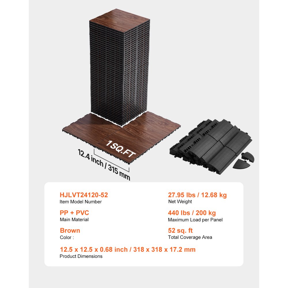 VEVOR Dance Floor Tiles, 12.4 x 12.4 in 52 Piece Interlocking Dance Flooring, Portable Dance Practice Floor with Cushioned Base  (Oak Wood Grain, 52 sq. ft/Box )