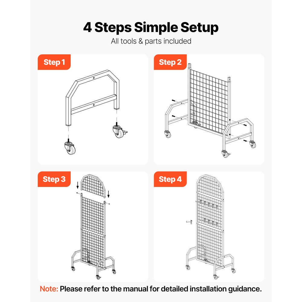 VEVOR 2 Packs Grid Wall Panels, 600 x 1640mm Wire Grid Panels Display Rack, Movable Art Display Shelf with Wheels and 20 Hooks, Black Carbon Steel Gridwall for Craft Show, Decor, Storage, Notice Board