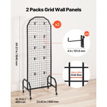 VEVOR 2 Pack Grid Wall Panel 1.9 x 5.4 ft Wire Display Rack with Wheels & Hooks