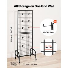 VEVOR Grid Wall Panel 1.9 x 5.4 ft Wire Display Rack with Wheels and 10 Hooks