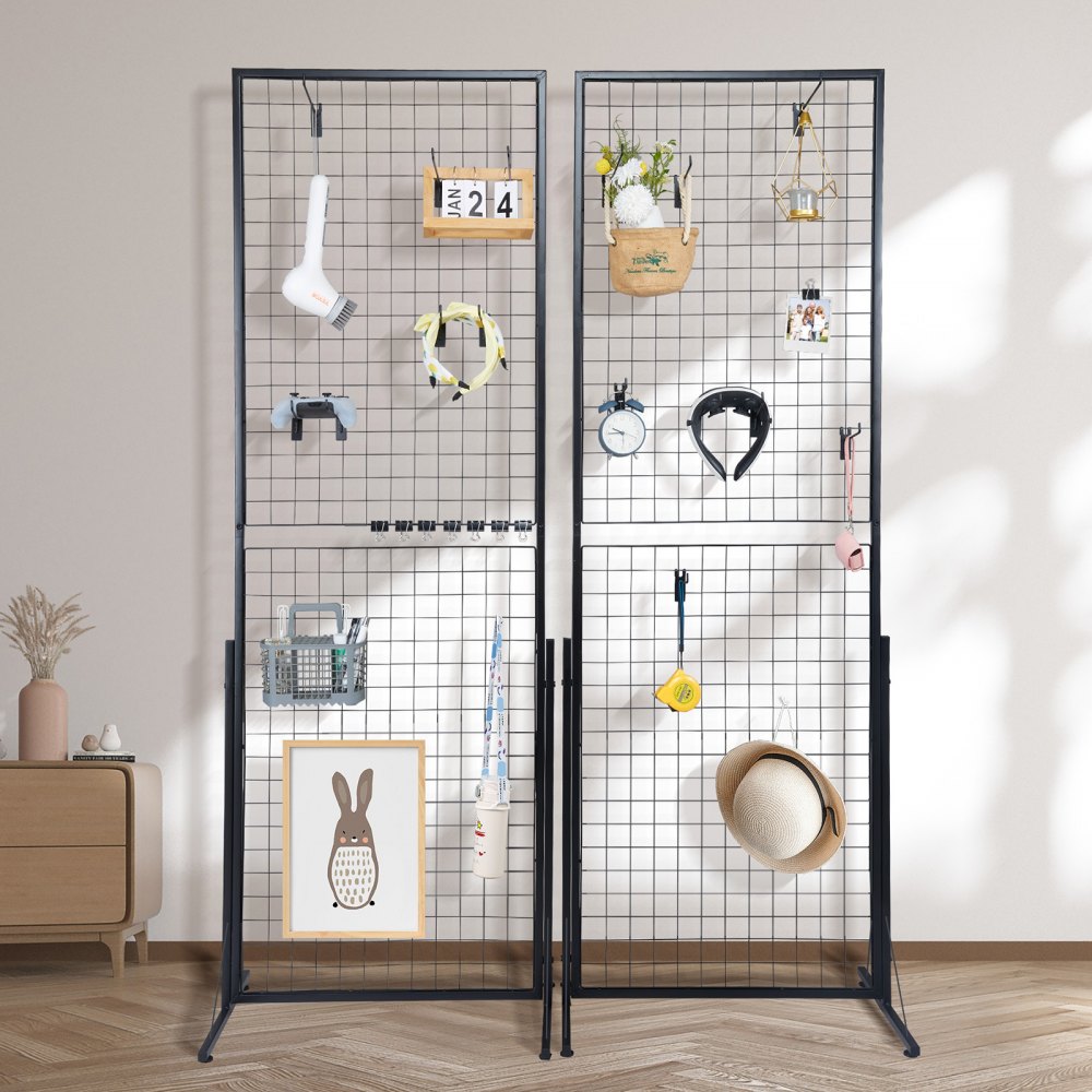 VEVOR grid wall panels organized with various items like a hat, clock, calendar, and decor.