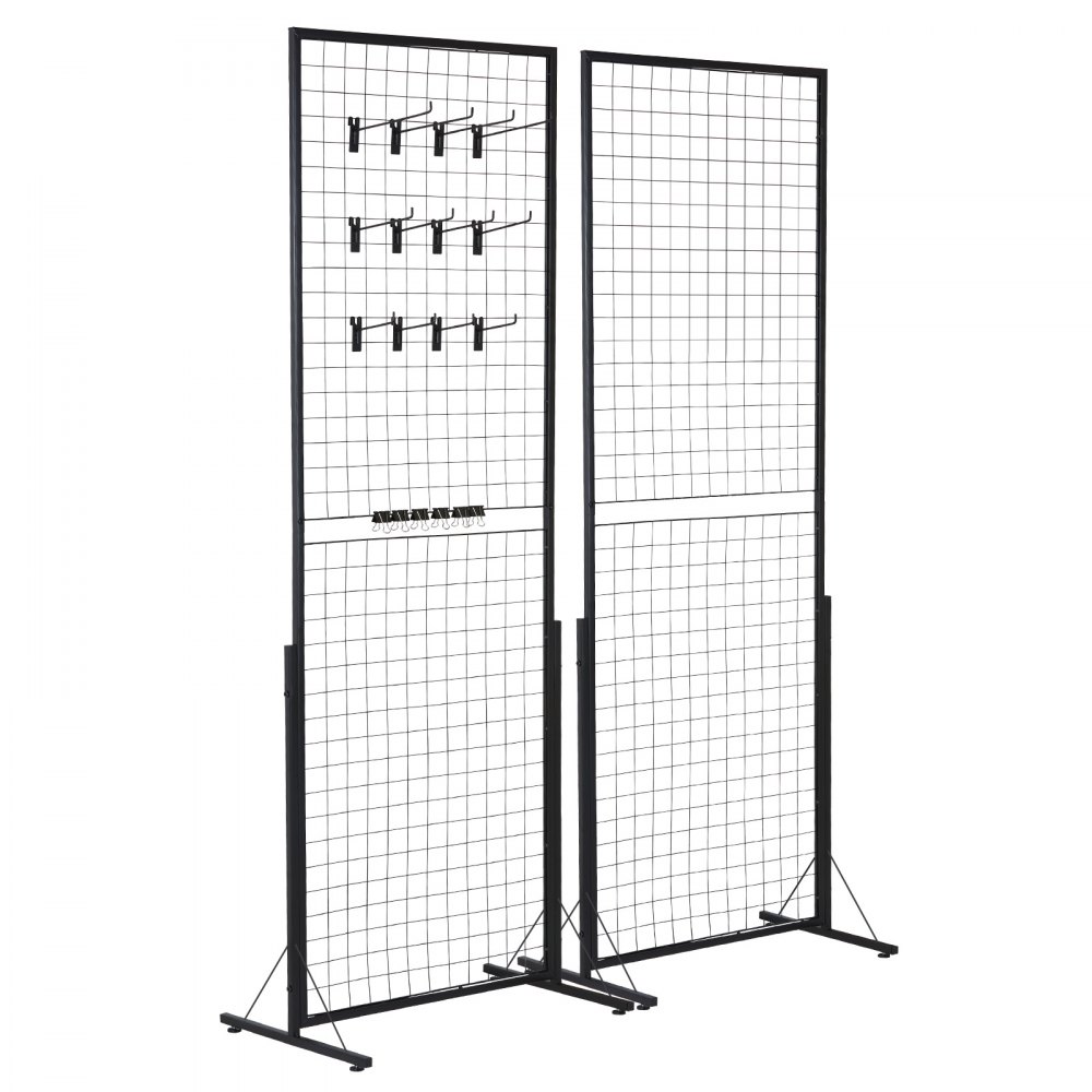 VEVOR grid wall panels with black wire frame, multiple hooks, and adjustable feet for stability.