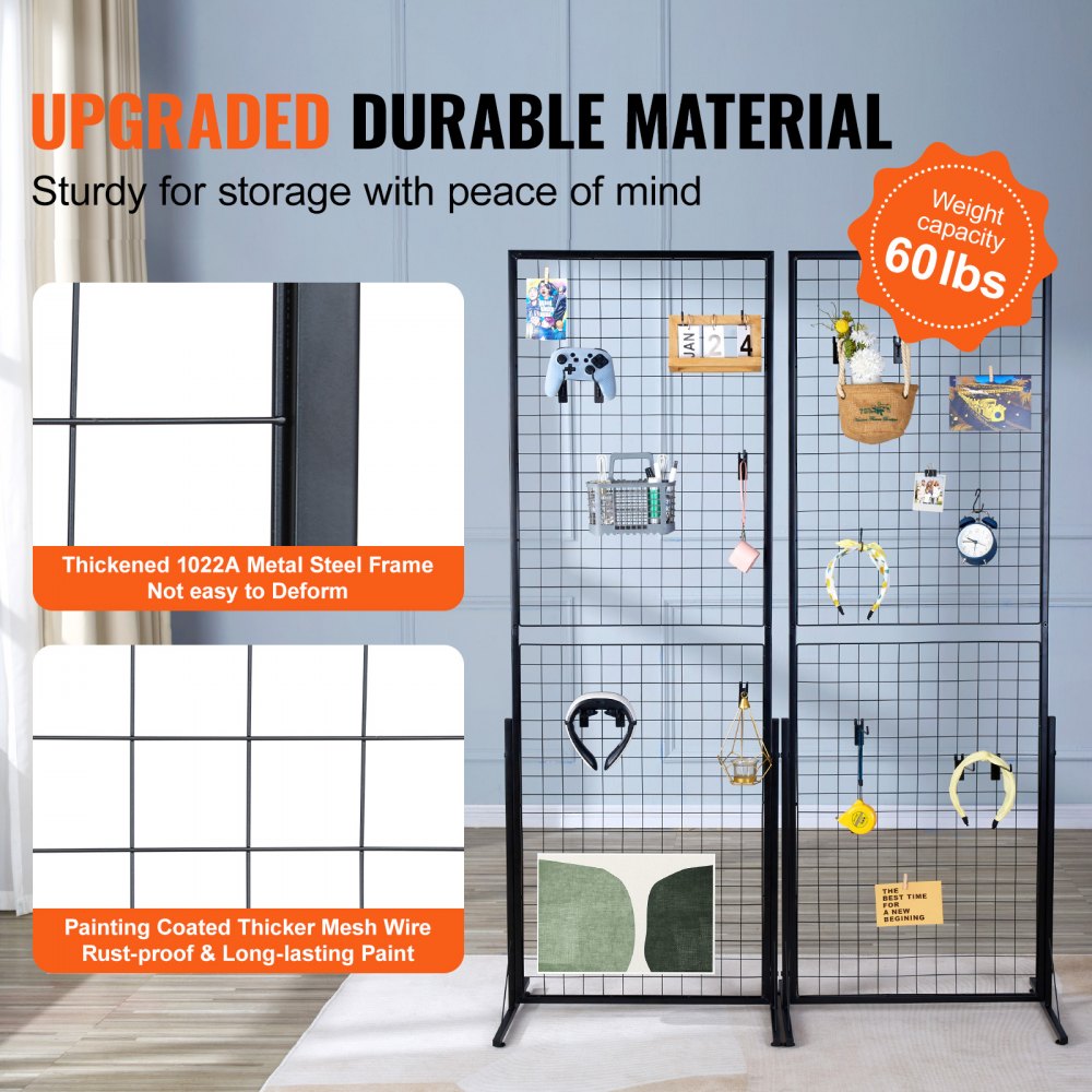 VEVOR 61 x170.7 cm Grid Wall Panels Tower, 2 Packs Wire Gridwall Display Racks with T-Base Floorstanding, Double Side Gridwall Panels for Art Craft Shows, Retail Display with Extra Clips and Hooks
