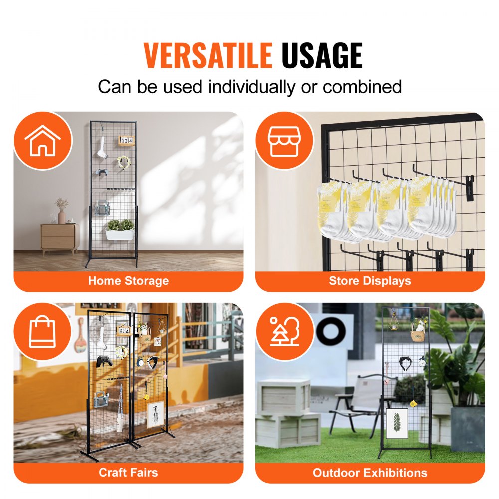 VEVOR 61 x170.7 cm Grid Wall Panels Tower, 2 Packs Wire Gridwall Display Racks with T-Base Floorstanding, Double Side Gridwall Panels for Art Craft Shows, Retail Display with Extra Clips and Hooks