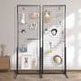 VEVOR grid wall panels organized with various items like a hat, clock, calendar, and decor.