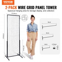 VEVOR 2' x 5.6' Grid Wall Panels Tower, 2 Packs Wire Gridwall Display Racks with T-Base Floorstanding, Double Side Gridwall Panels for Art Craft Shows, Retail Display with Extra Clips and Hooks