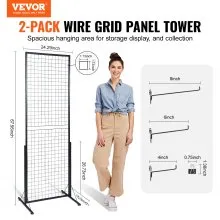 VEVOR 2' x 5.6' Grid Wall Panels Tower, 2 Packs Wire Gridwall Display Racks with T-Base Floorstanding, Double Side Gridwall Panels for Art Craft Shows, Retail Display with Extra Clips and Hooks