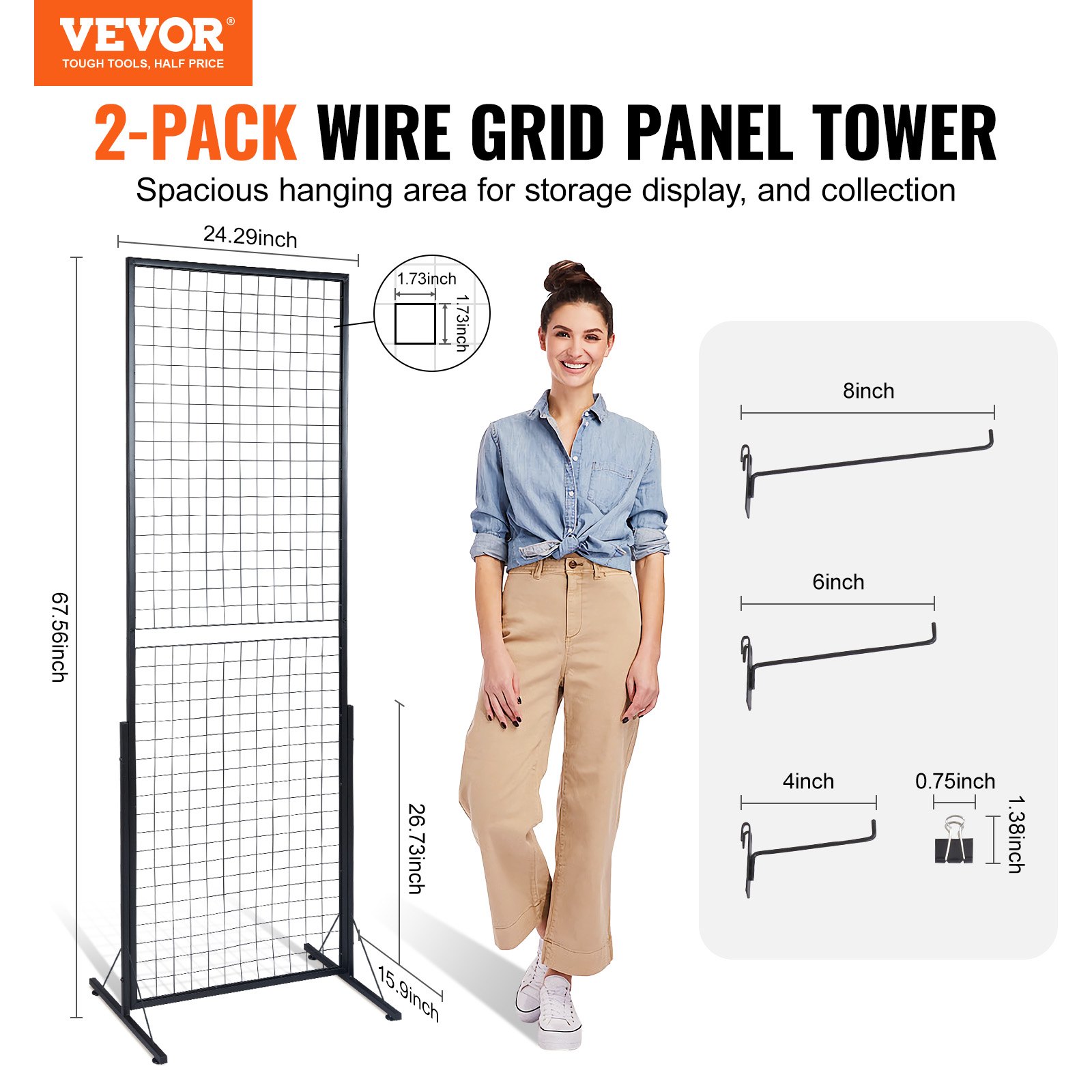2-pack VEVOR grid wall panels for storage display, includes hooks of 8, 6, and 4 inches.
