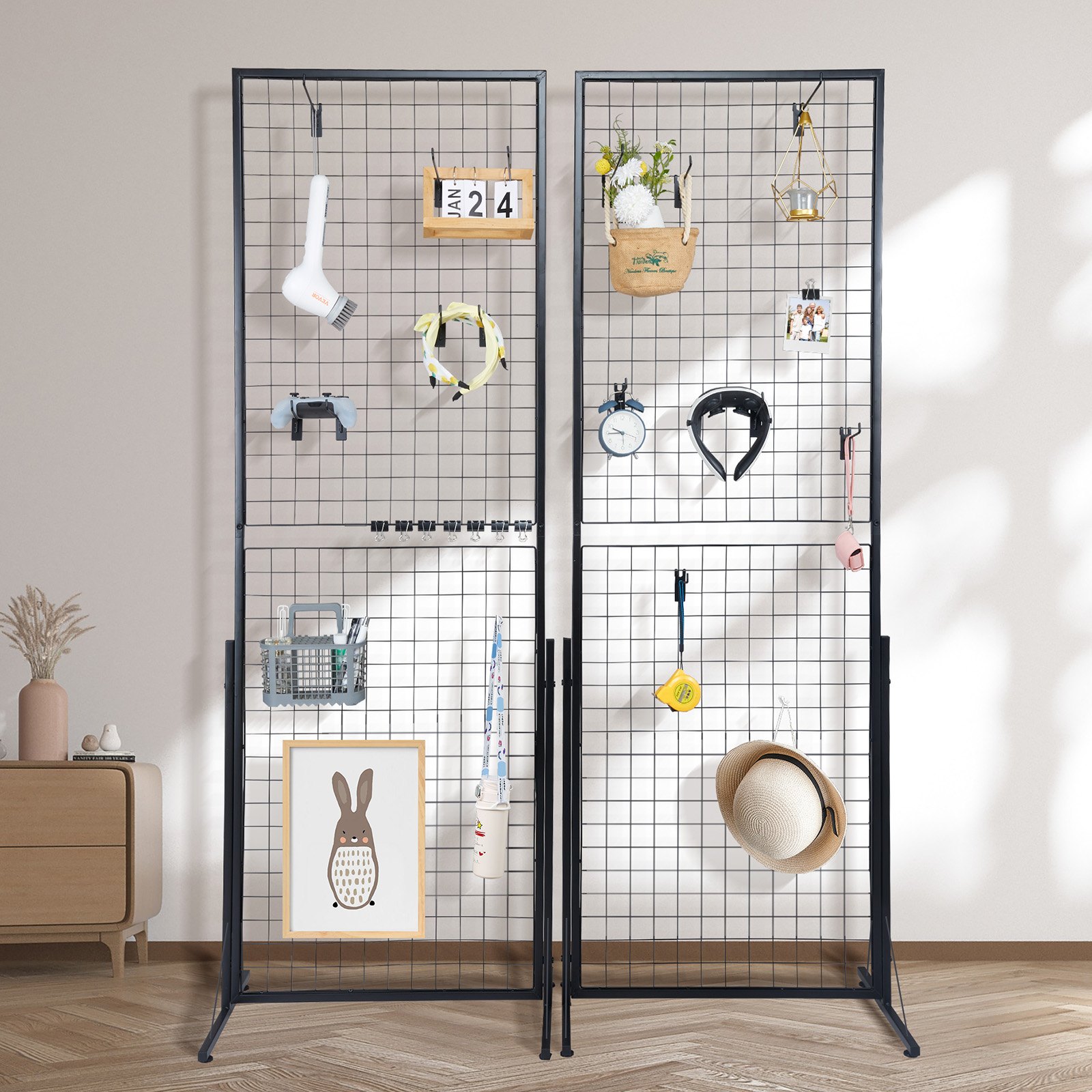 VEVOR grid wall panels organized with various items like a hat, clock, calendar, and decor.