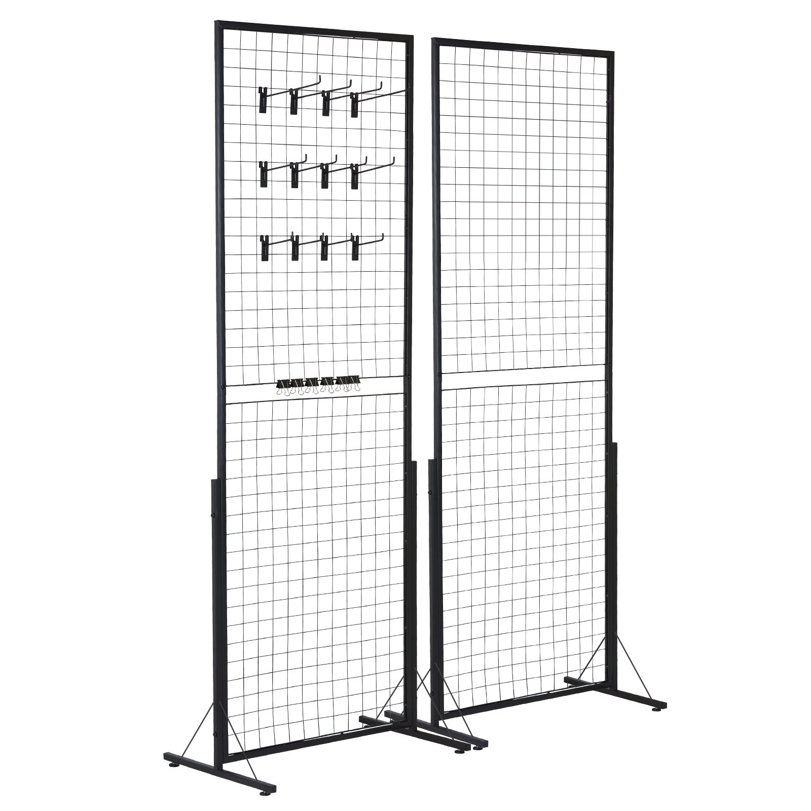 VEVOR grid wall panels with black wire frame, multiple hooks, and adjustable feet for stability.